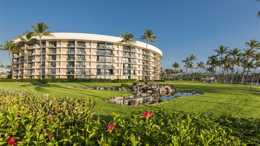 Resort surrounded by palm trees and a pond.