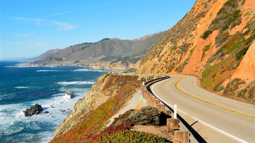 Aerial shot of Pacific Coast Highway 1 in California. 