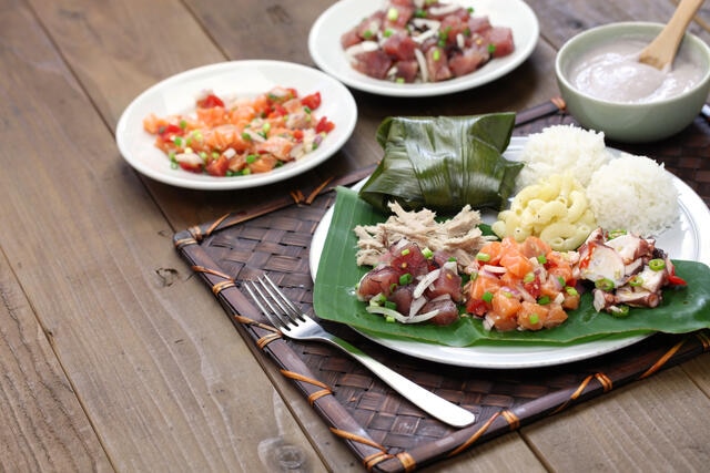Shot of beautifully plated Hawaiian foods, Big Island, Hawaii. 