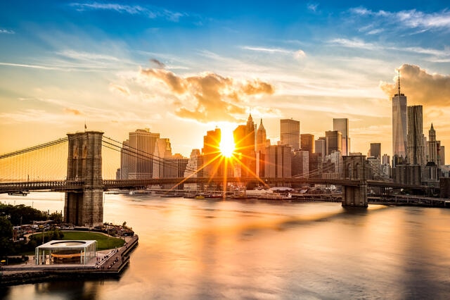 View of New York Harbor from "The Battery" in the Financial District in New York City.