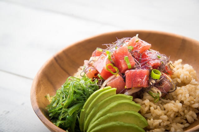 Close up shot of a Hawaiian Poke Bowl. 