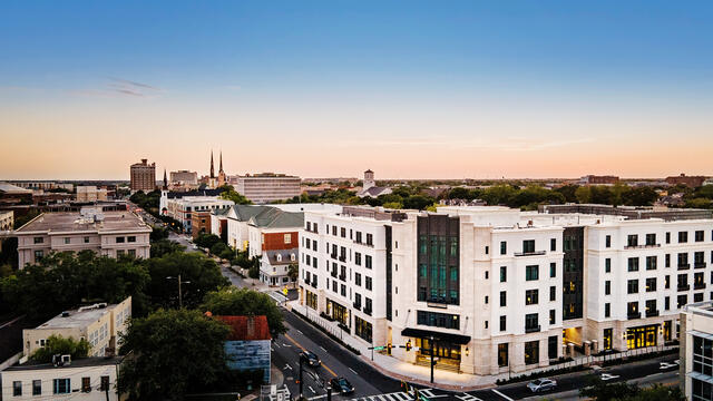 Aerial shot of Liberty Place Charleston by Hilton Club at sunrise, South Carolina. 
