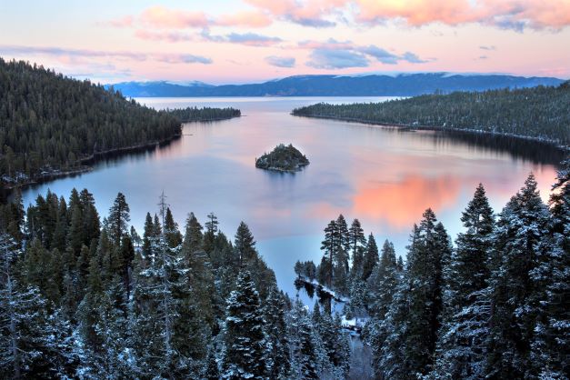Sunset aerial view of Emerald Bay at Lake Tahoe, California
