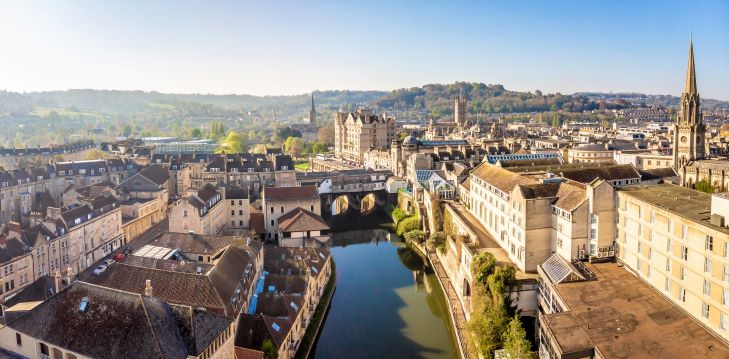 Aerial view of Pulteney Bridge in Bath, England