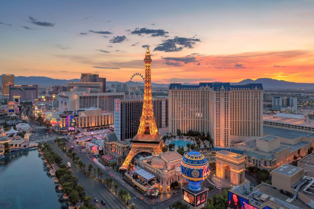 An aerial view of the Strip in Las Vegas at sunset