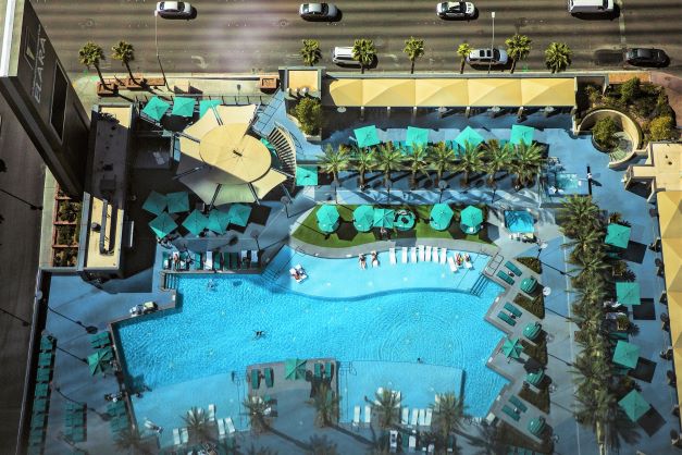 An aerial view of the outdoor pool at Elara, a Hilton Grand Vacations Club, in Las Vegas