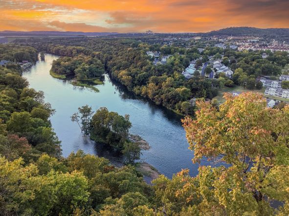 Aerial view of Table Rock Lake near Branson, Missouri, at sunset