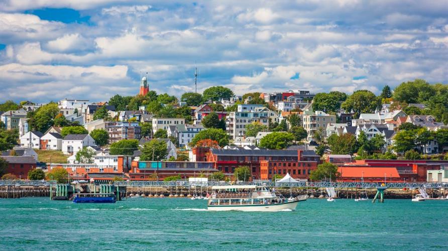 View of coastal town Portland, Maine on a sunny day