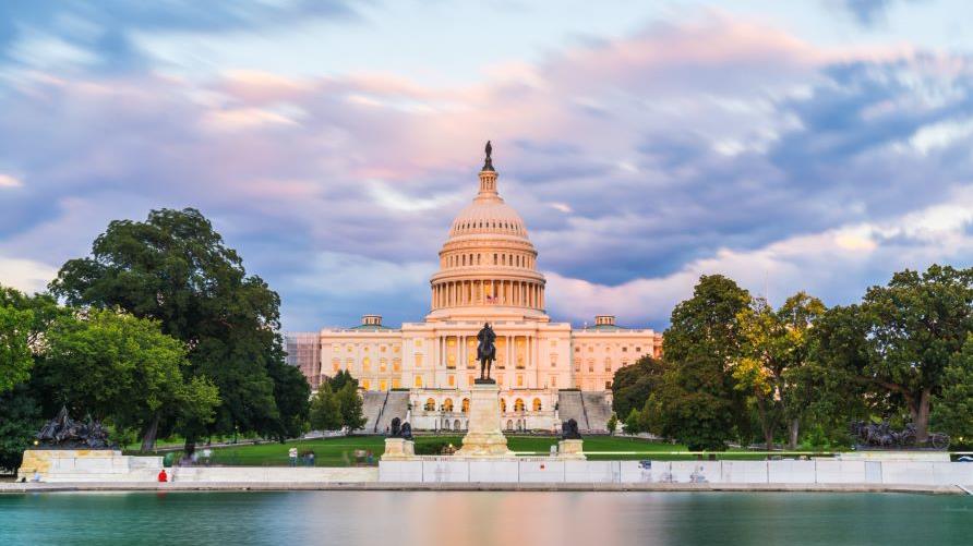 Beautiful shot of the National Mall a sunset, Washington D.C.