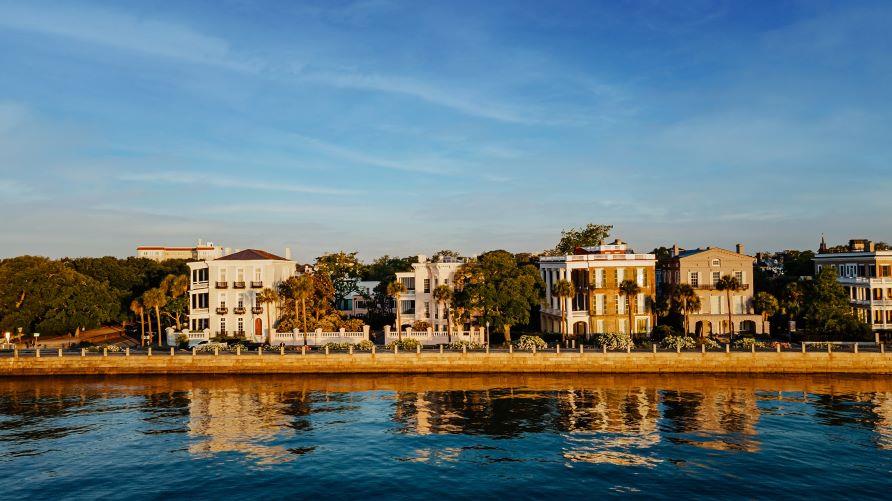 Picturesque aerial image, antebellum architecture lined waterfront, the Battery, Charleston Harbor, Charleston, South Carolina.