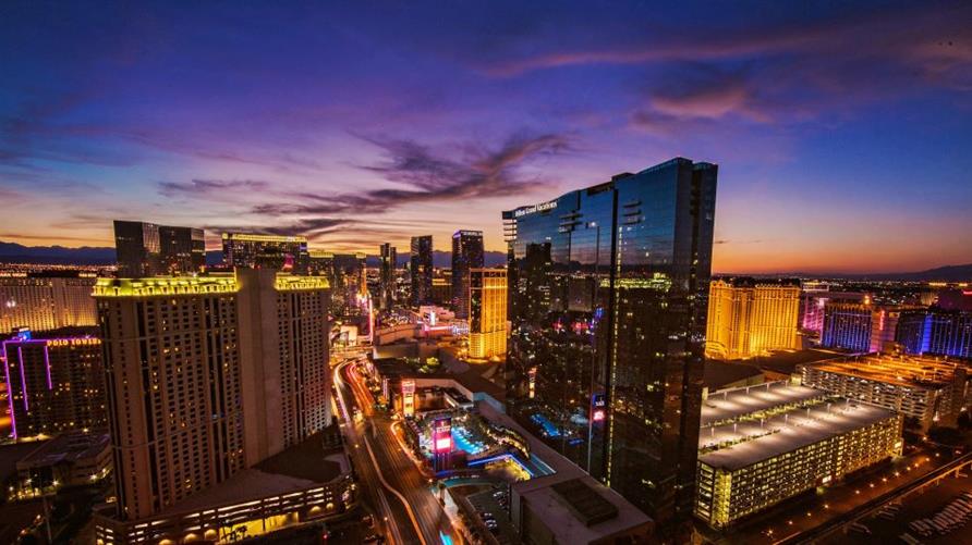View of Elara, a Hilton Grand Vacations Club by the Las Vegas Strip at sunset