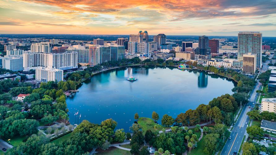 Stunning aerial view of the downtown city skyline from Eola Park in Orlando, Florida