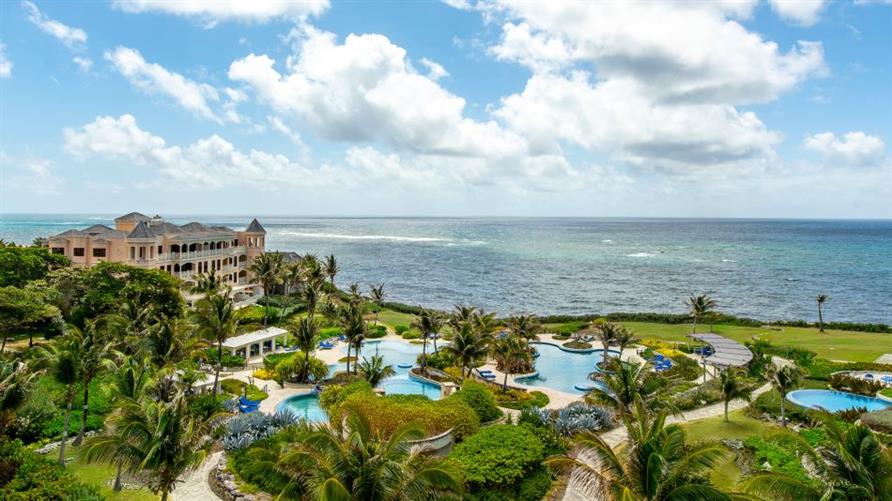 Aerial view of The Crane, a Hilton Grand Vacations Club in Barbados, including the resort and outdoor pool and gardens