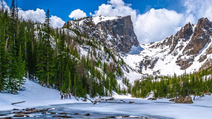 Snowy mountains and frozen lake near Estes Park, Colorado