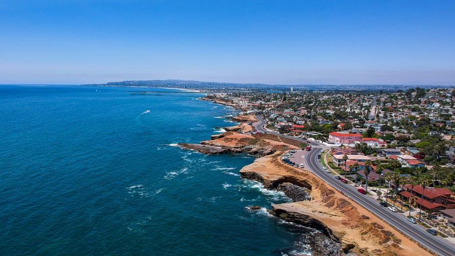 Stunning aerial image, dramatic coastline, blue waters, blue skies, San Diego, California. 
