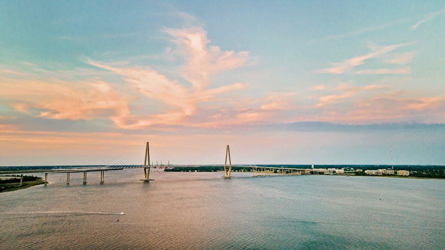 Beautiful aerial image, The Arthur Ravenel Jr. Bridge at sunset, Charleston, South Carolina.