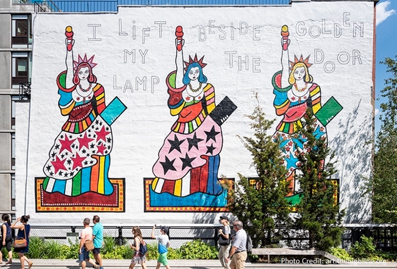 Dorothy Iannone's I Lift My Lamp Beside the Golden Door mural located in New York.