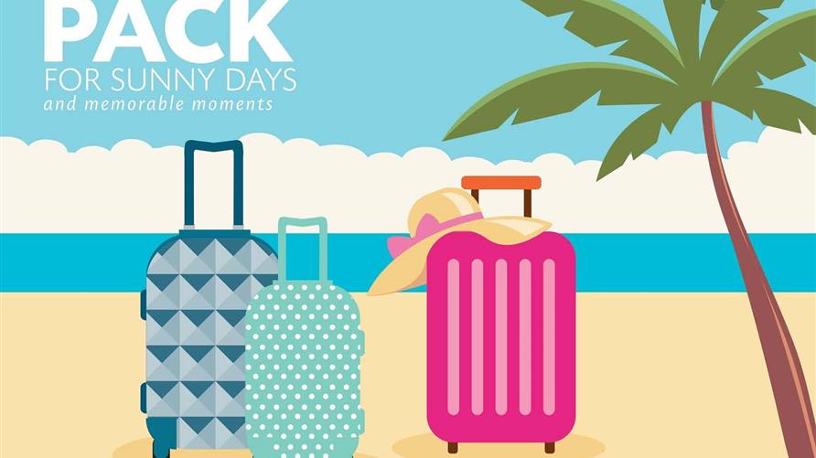 Animated luggage sitting under a palm tree on the beach.