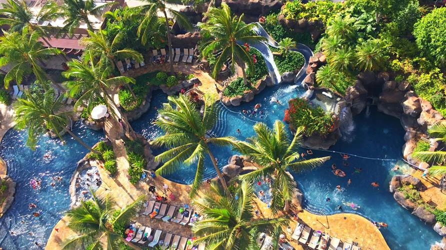 Aerial view of a Lagoon from a Hilton Grand Vacations tower in Hawaii. 