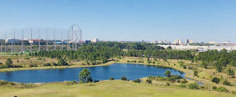 Aerial view of Las Palmeras, a Hilton Grand Vacations Club in Orlando, Florida. 