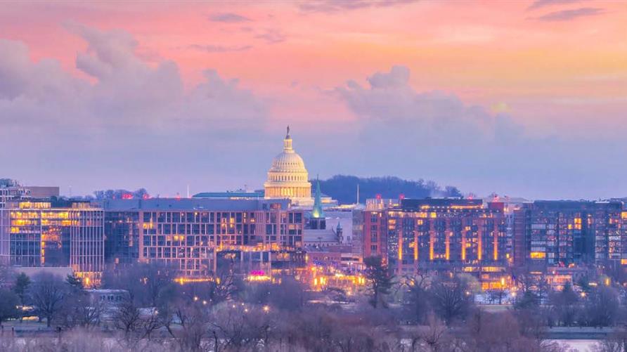 Washington, D.C skyline against pink  and blue painted skies. 