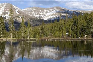 Snowcapped mountain range and pine trees behind a lake. 