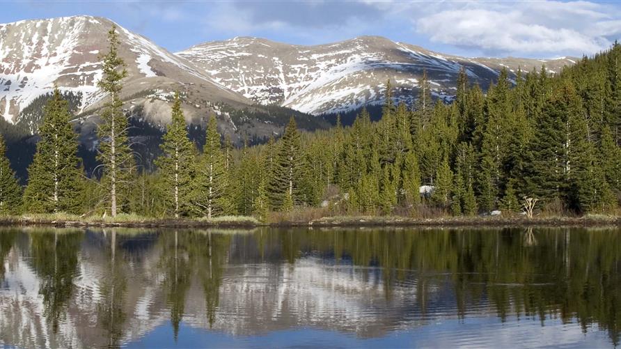 Snowcapped mountain range and pine trees  behind a lake. 