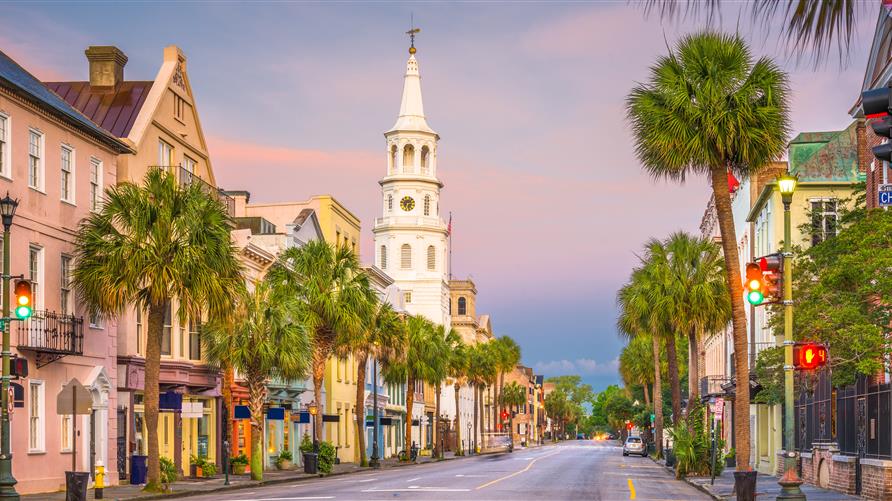 Rainbow row at sunset in Charleston, South Carolina. 
