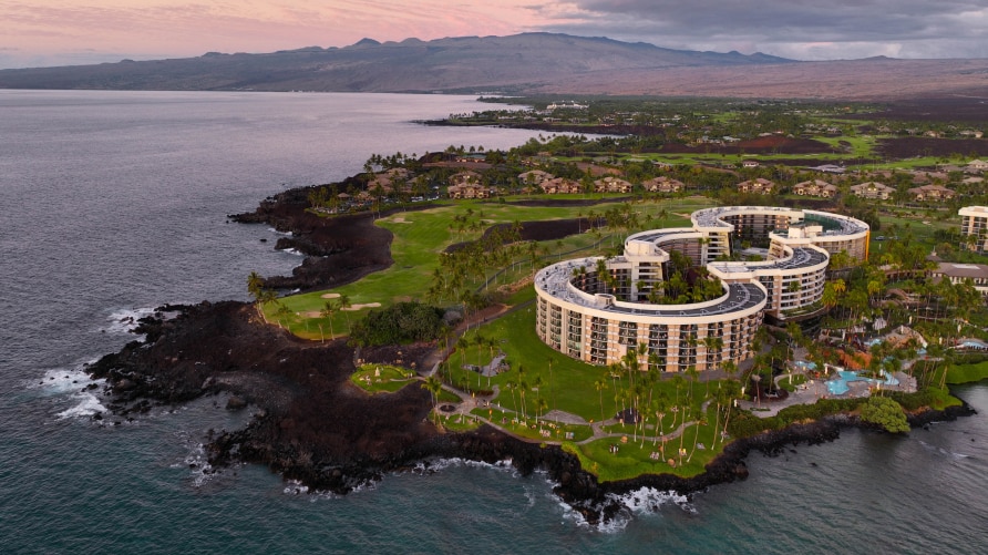 Aerial view of Ocean Tower, a Hilton Grand Vacations Resort, in Hawaii