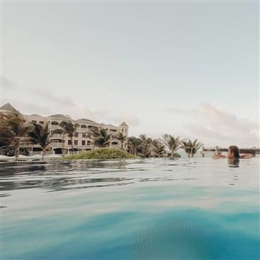 View from the ocean to the resorts lining the beach