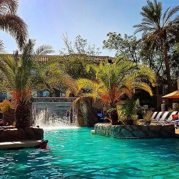 Pool framed by palm trees at Scottsdale Villa Mirage, a Hilton Vacation Club located in Scottsdale, Arizona.