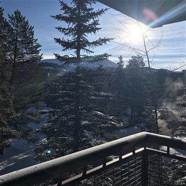 View of the sunrise through the forest from a balcony