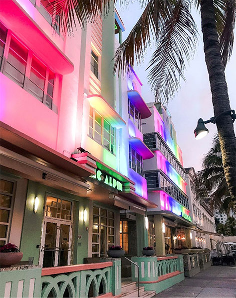 Colorful lit buildings in McAlpin