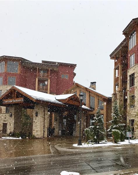 Town with snow capped roofs.
